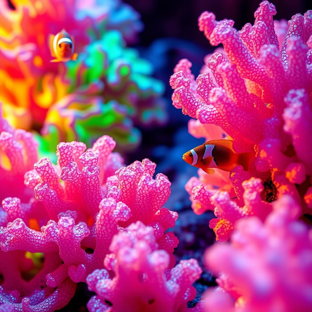 Glowing Coral Reef with Iridescent Clownfish