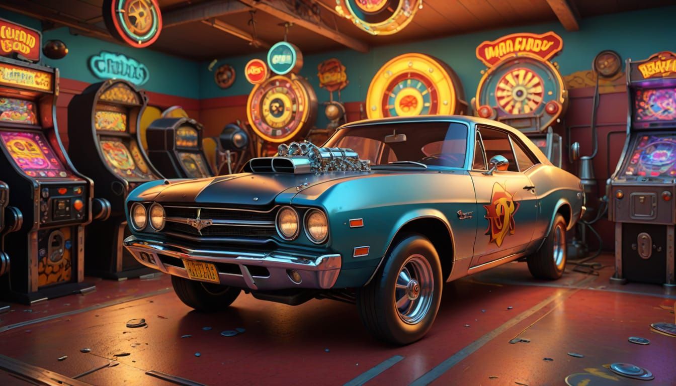 Retro Futuristic Muscle Car in a Whimsical Pinball Machine