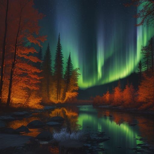 Enchanting Autumn Forest Under Northern Lights