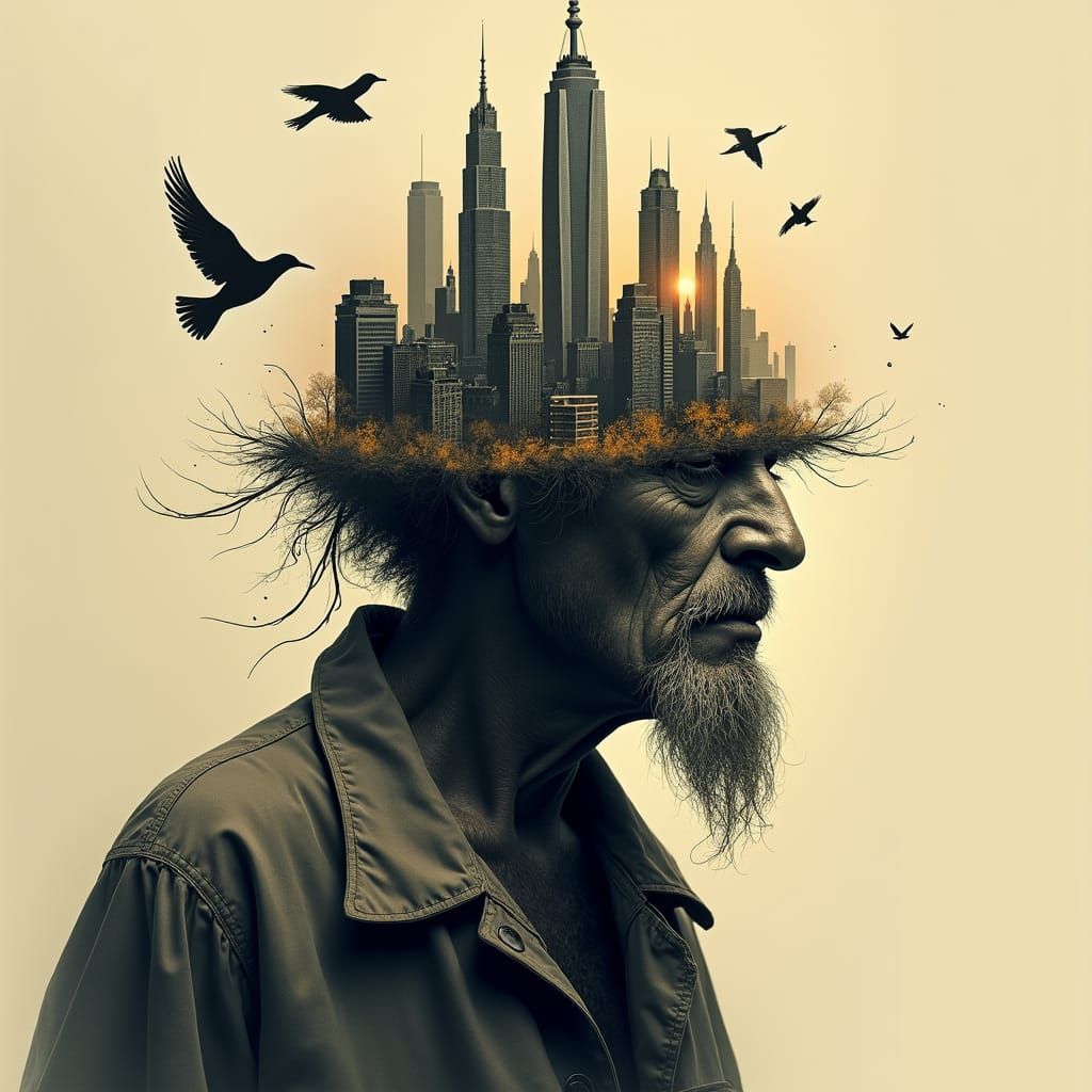 A surreal double exposure portrait, combining the face of an...
