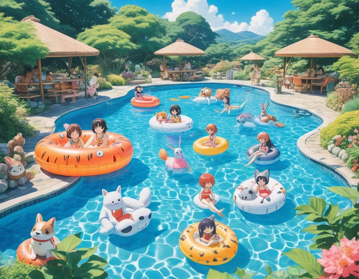 Leisurely Pool Day in Miyazaki Anime Style