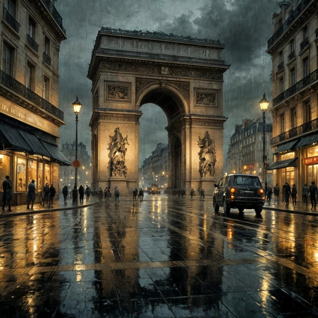 Paris Arc de Triomphe in Rain, Impressionistic Style
