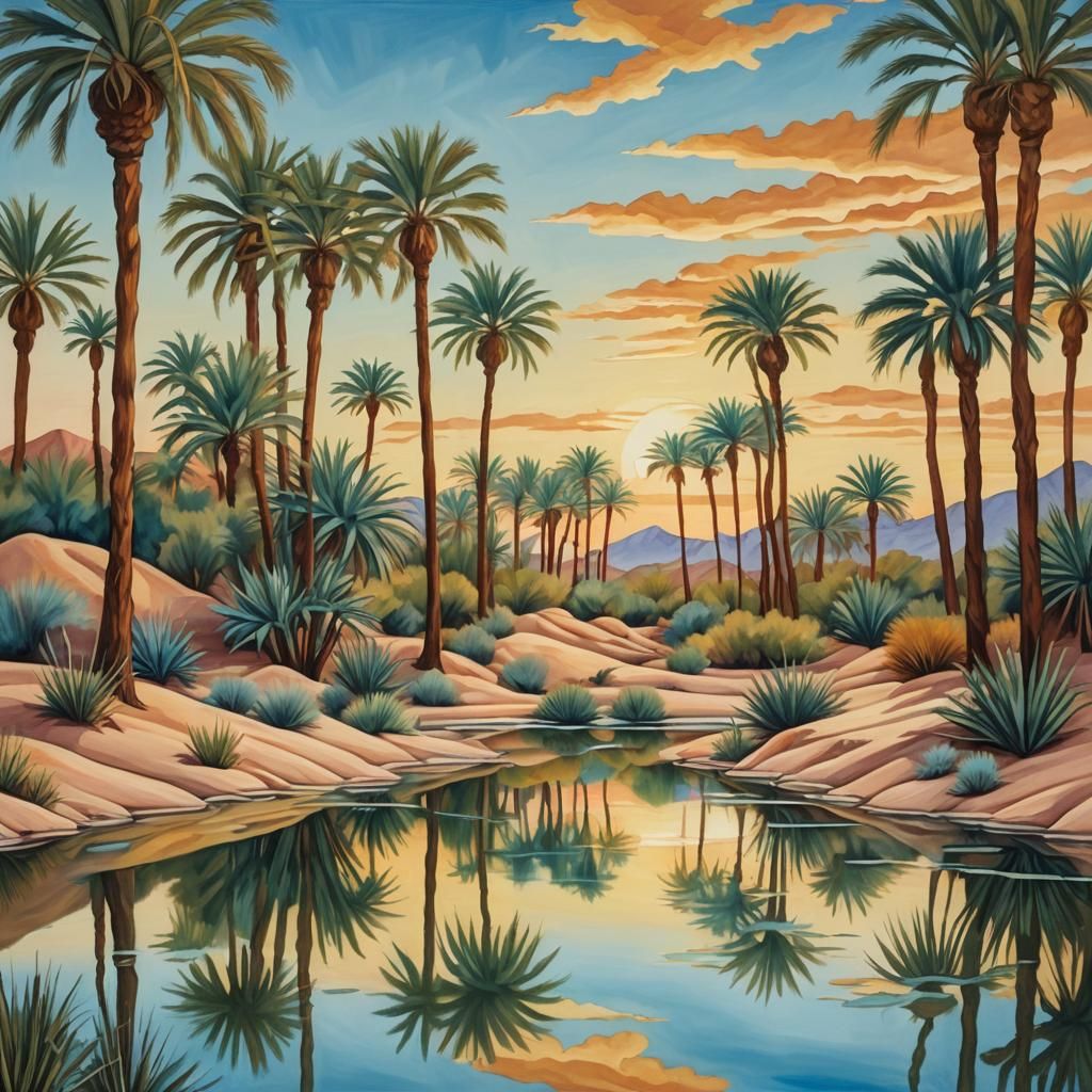 Desert Oasis in Art Deco Style Oil Painting