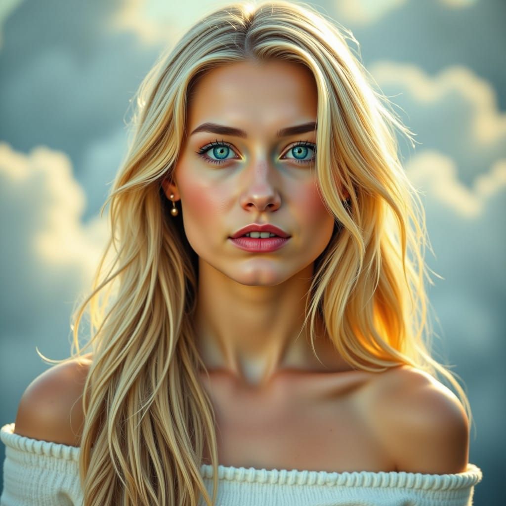 Ethereal Reunion: Blonde Woman in Celestial Dreamscape