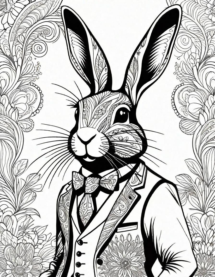 Rabbit in Waistcoat Line Art, Detailed Illustration