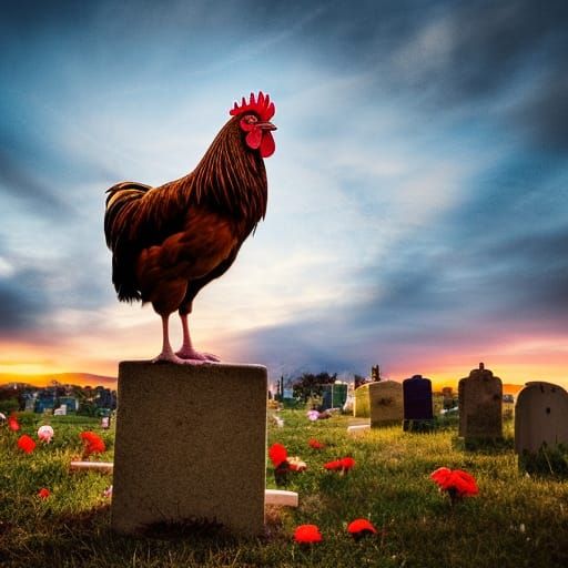 Sad Rooster at Gravesite in Golden Hour Light