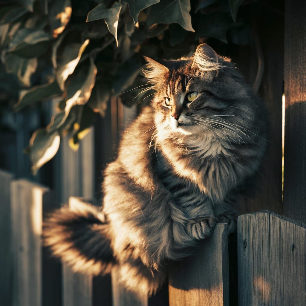 Fluffy Cat on a Wooden Fence
