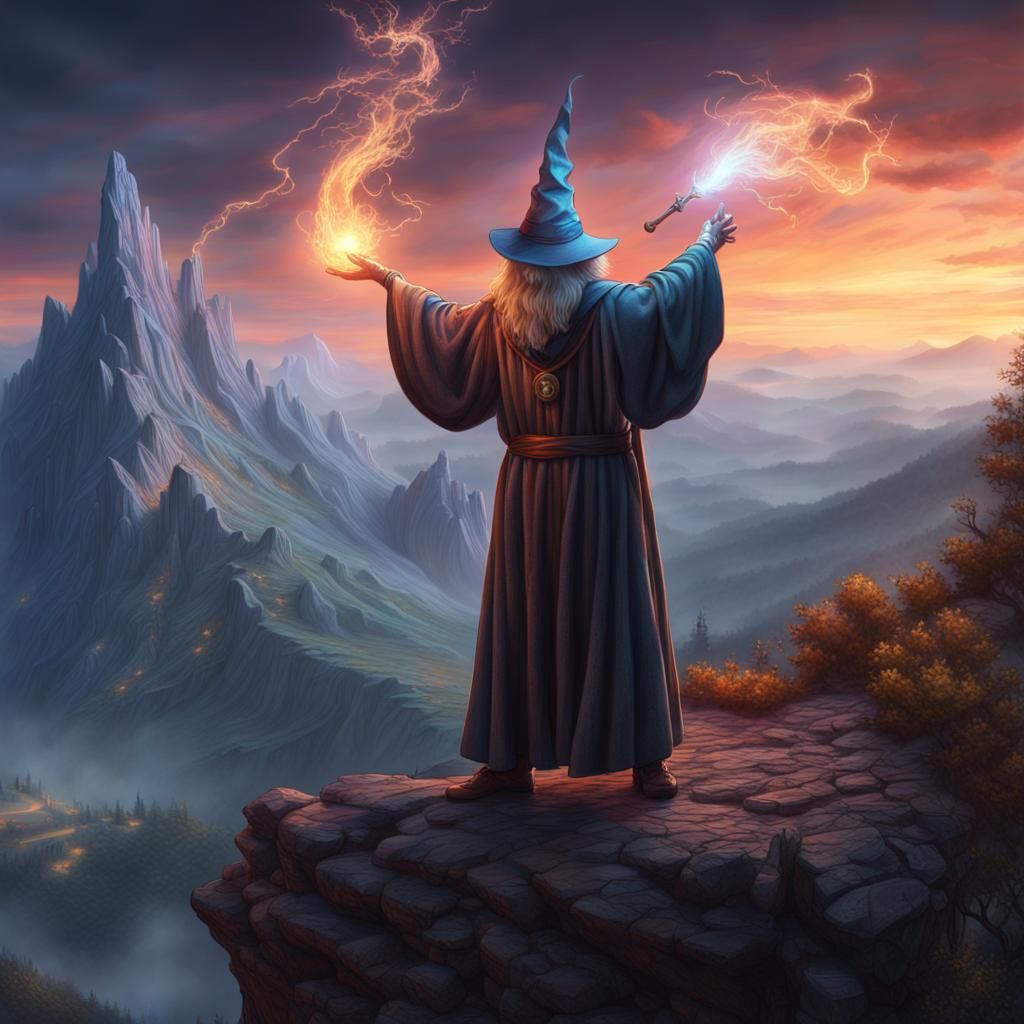 Wizard Conjuring Spell: Photorealistic Colored Pencil Art