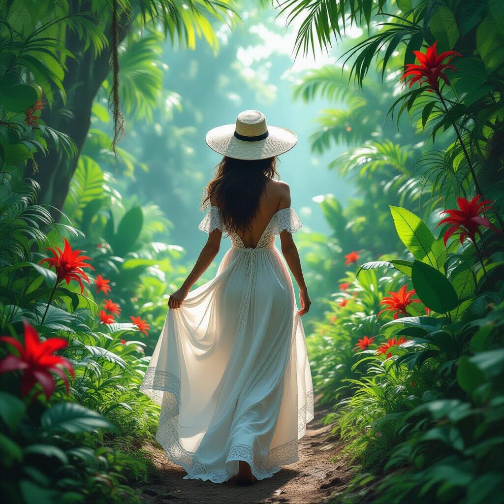 Woman in White Dress Walks into Lush Jungle