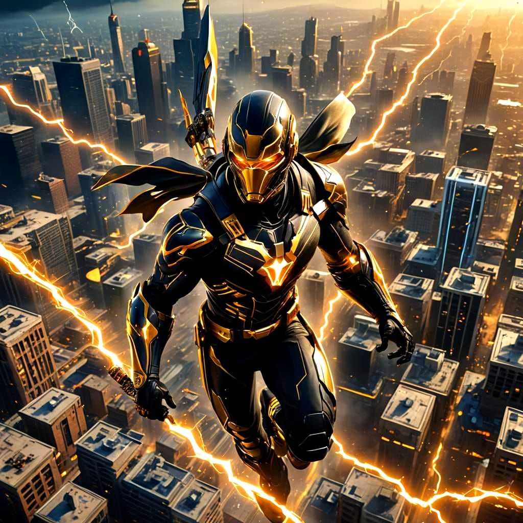 Cybernetic Falcon Superhero Flies Above City