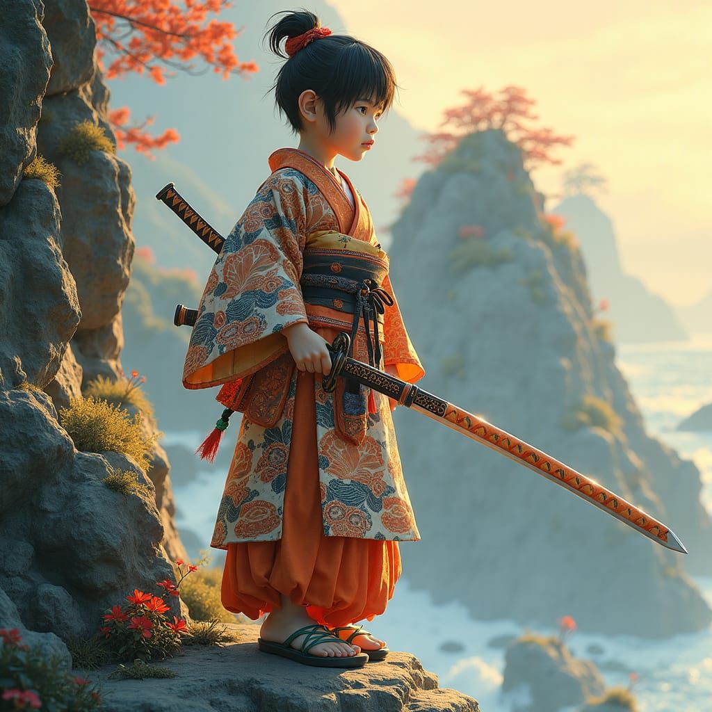 Japanese Boy with Katana in Pop Art Style