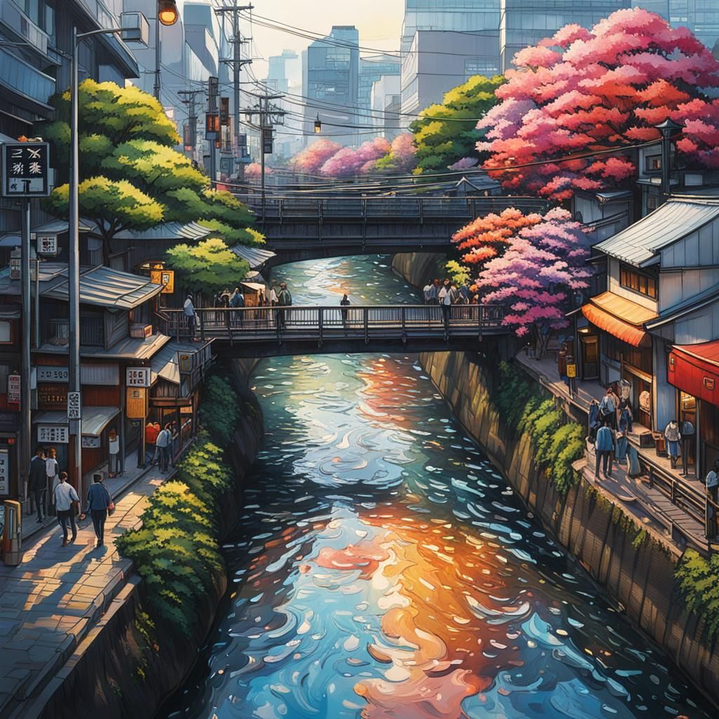 Hyperrealistic Meguro River in Tokyo: Splash Art