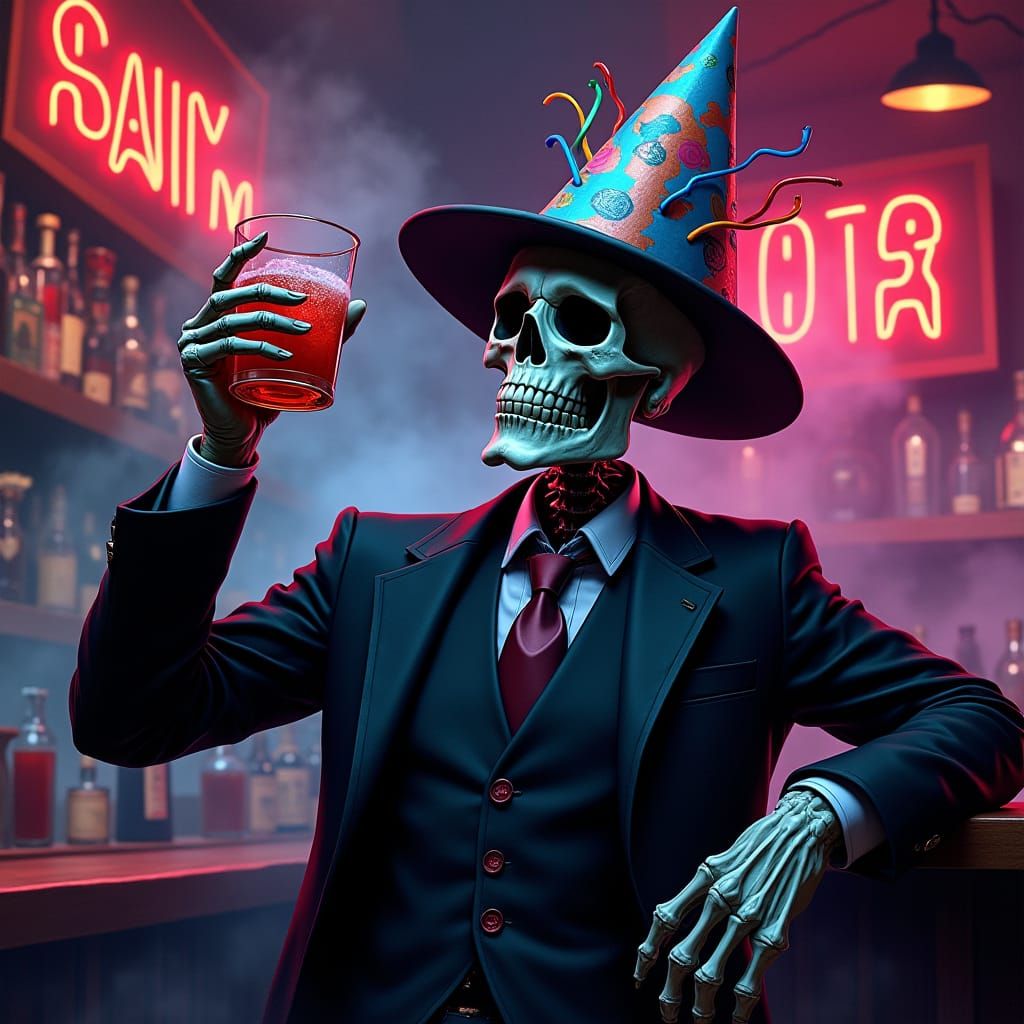 Grim Reaper Celebrates at Neon Bar in Dark Fantasy Style
