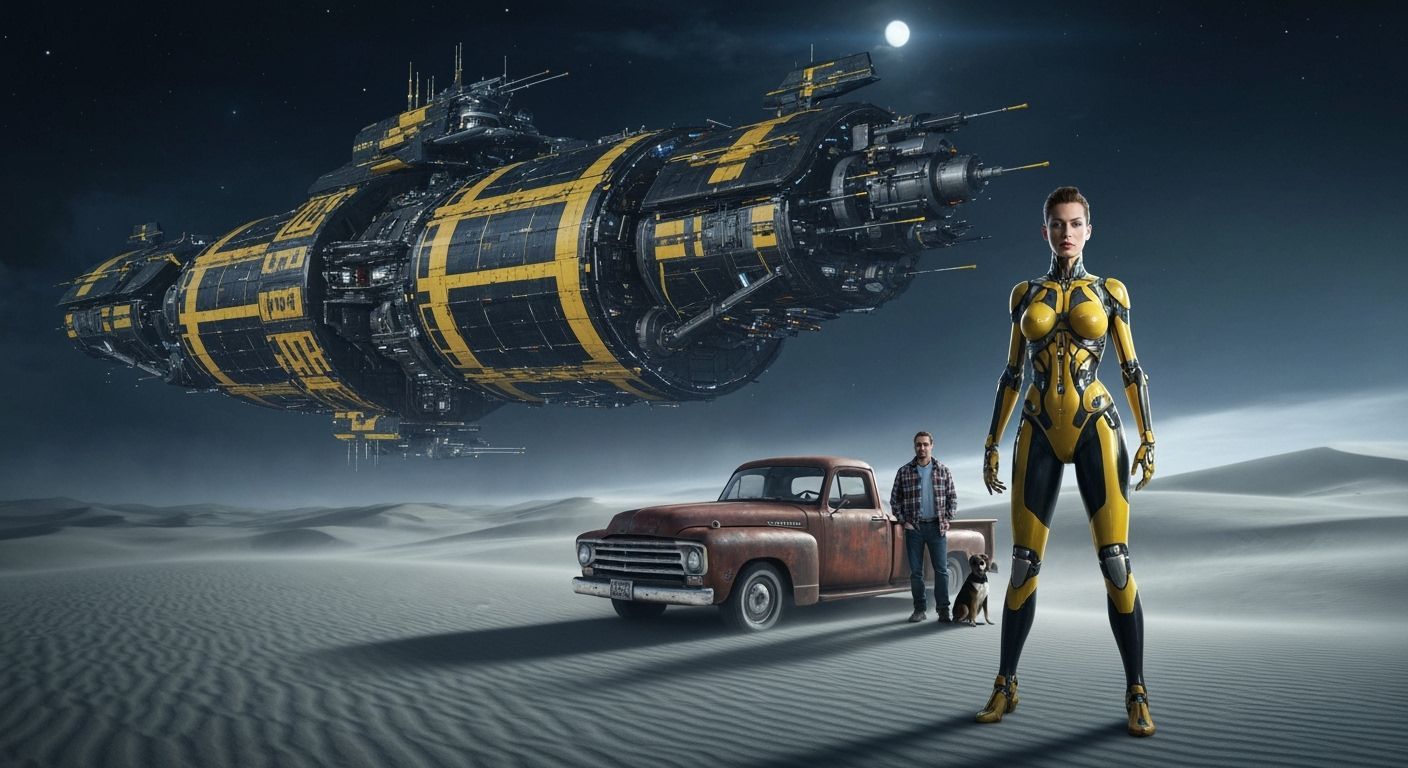Retro-Futuristic Spaceship with Cyborg in Desert Landscape