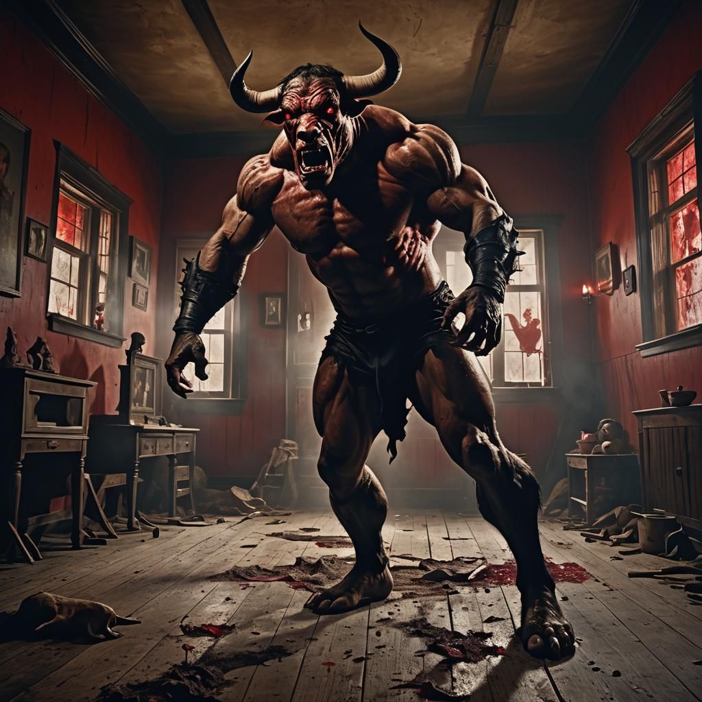 Surreal Bull-Wrestler Shouts in Dimly Lit Room