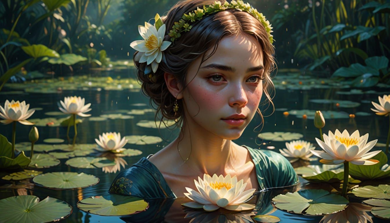 Woman with Water Lily in Calm Water: Splash Art