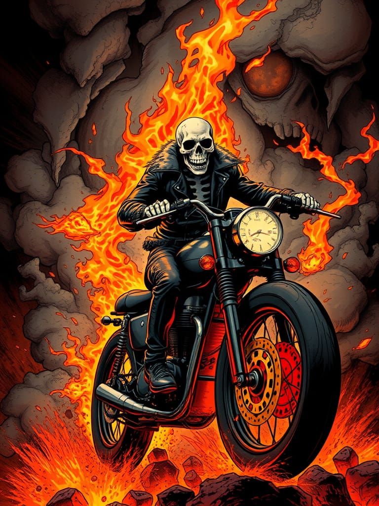 Fiery Skeleton Rides Hellish Chopper