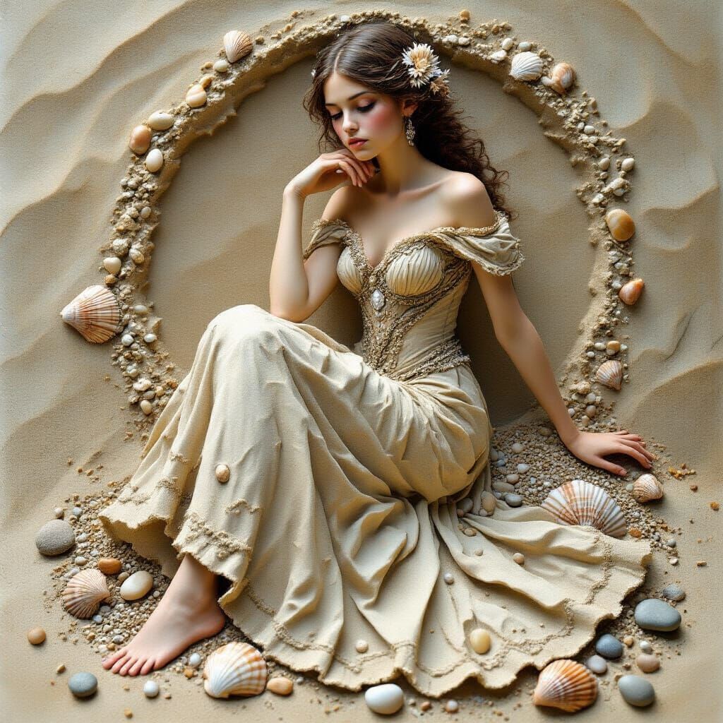 Beautiful young woman created from coarse sand, pieces of sh...