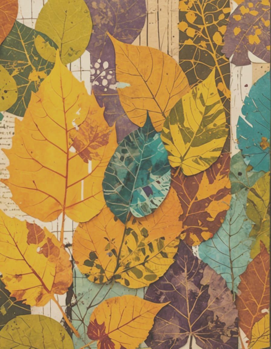 Botanical Monoprint Mixed-Media Collage with Autumnal Colors