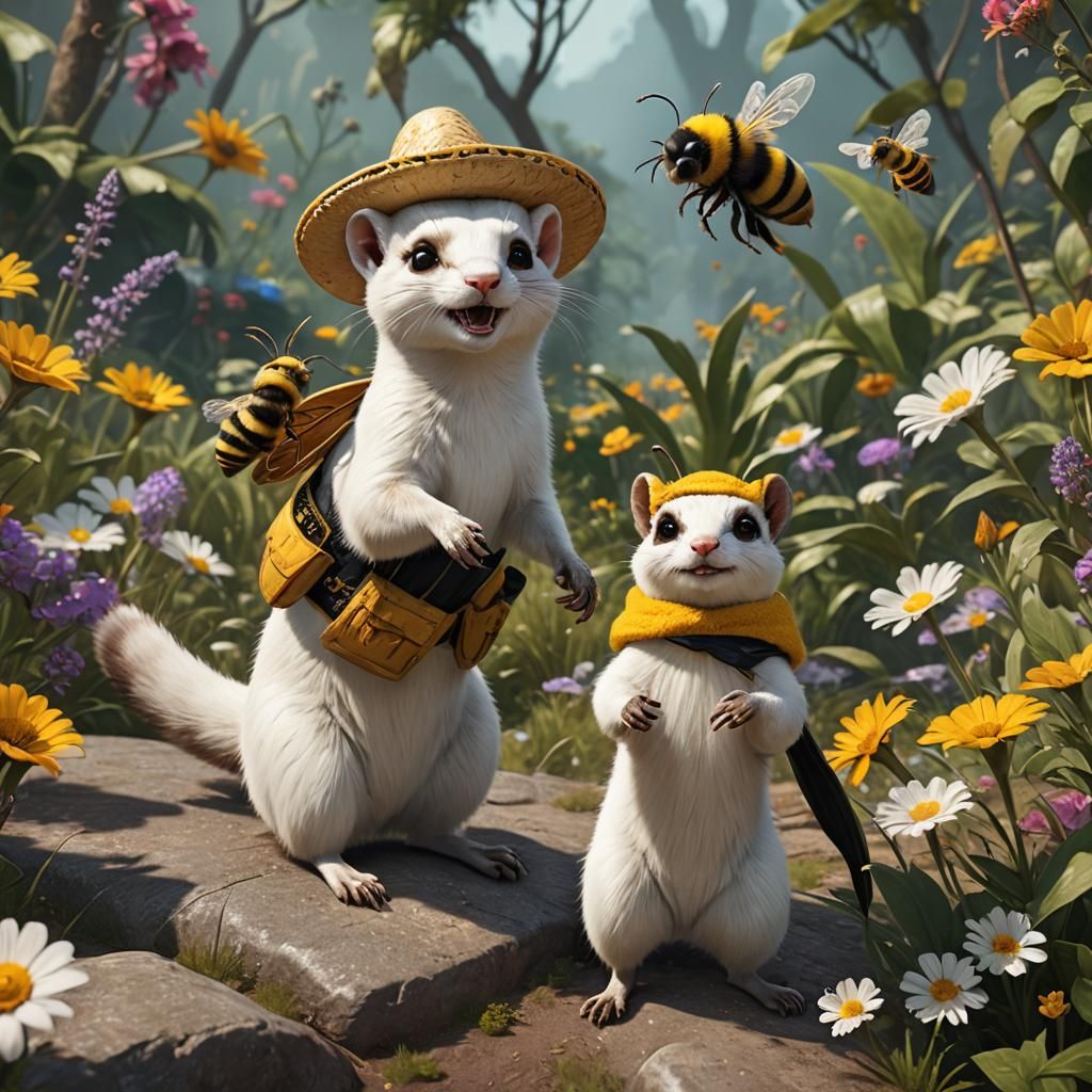 Sombrero-Wearing Stoat and Bee: Fantastical Digital Art