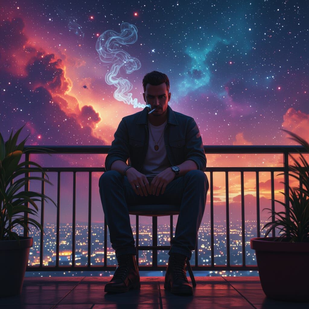 Man on Balcony Gazes at Vibrant Cosmic Nebula