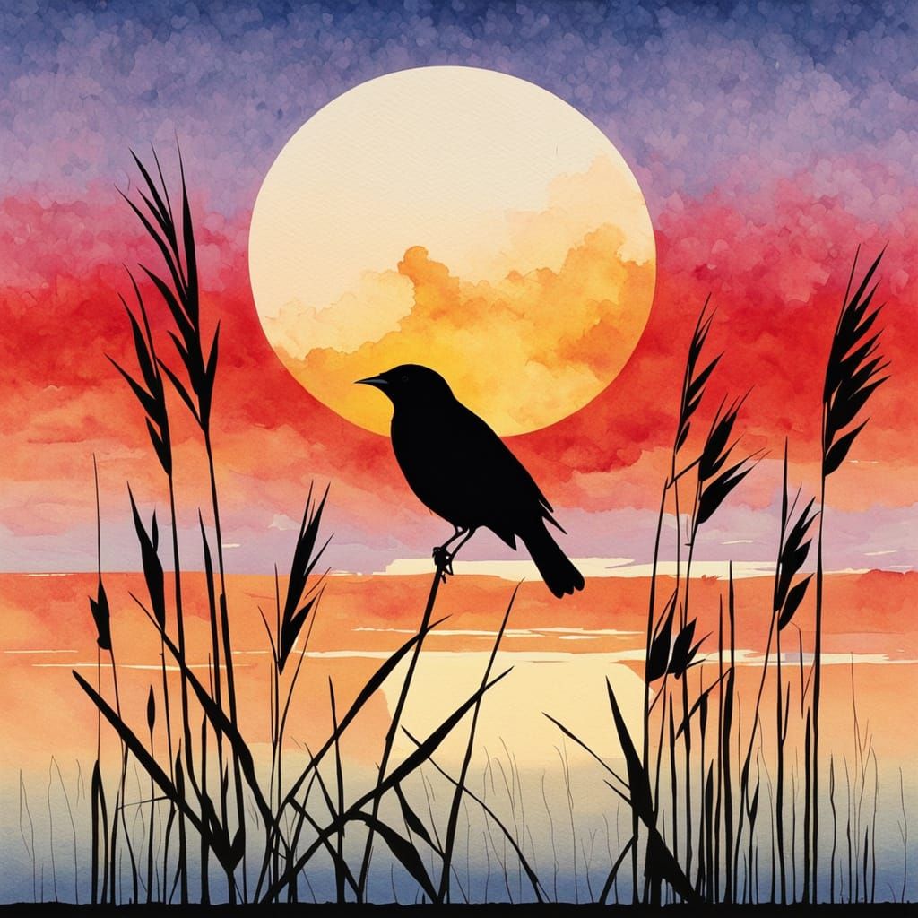 Red-Winged Blackbird Silhouette in Minimalist Watercolor