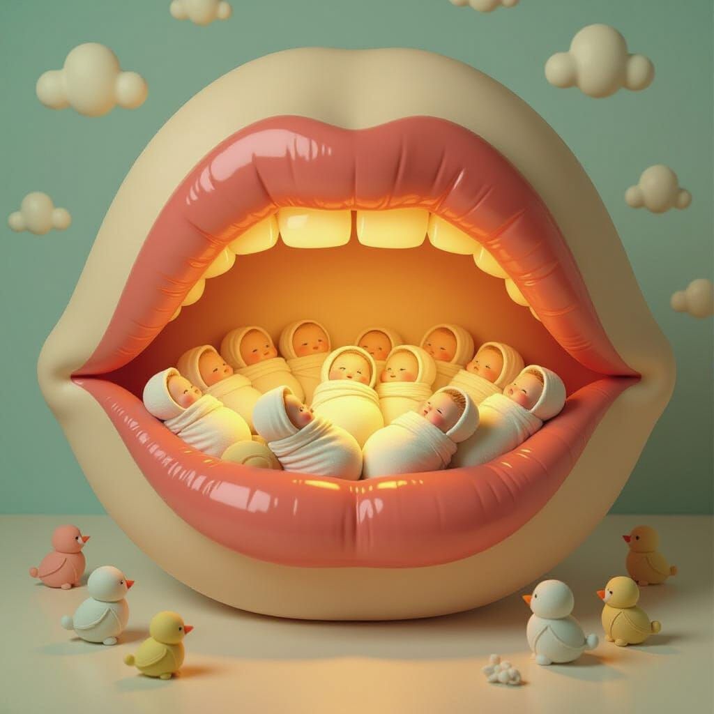 Surreal Mouth Filled with Swaddled Babies