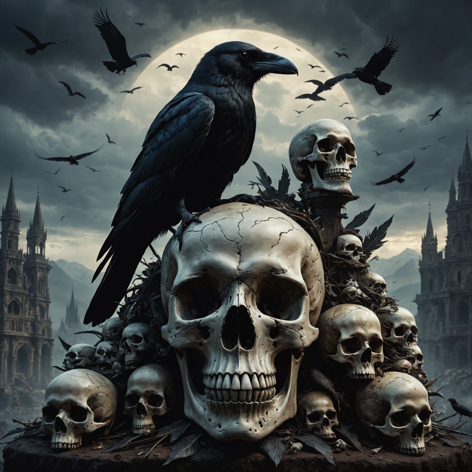 Majestic Crow on Skull: Dramatic Digital Painting