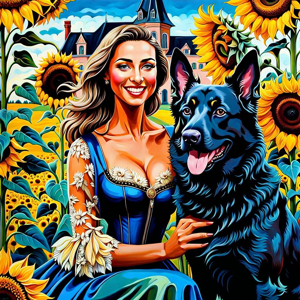 Surreal Lady and Dog in Sunflower Field