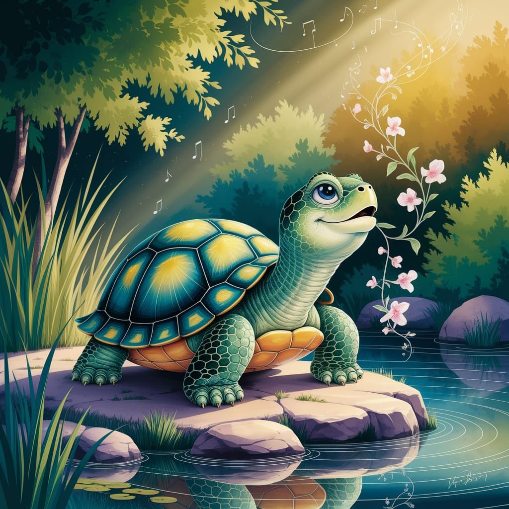Singing Turtle in Watercolor Style by Pond