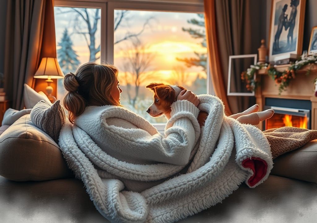 Cozy Evening: Woman and Dog in Watercolor Style