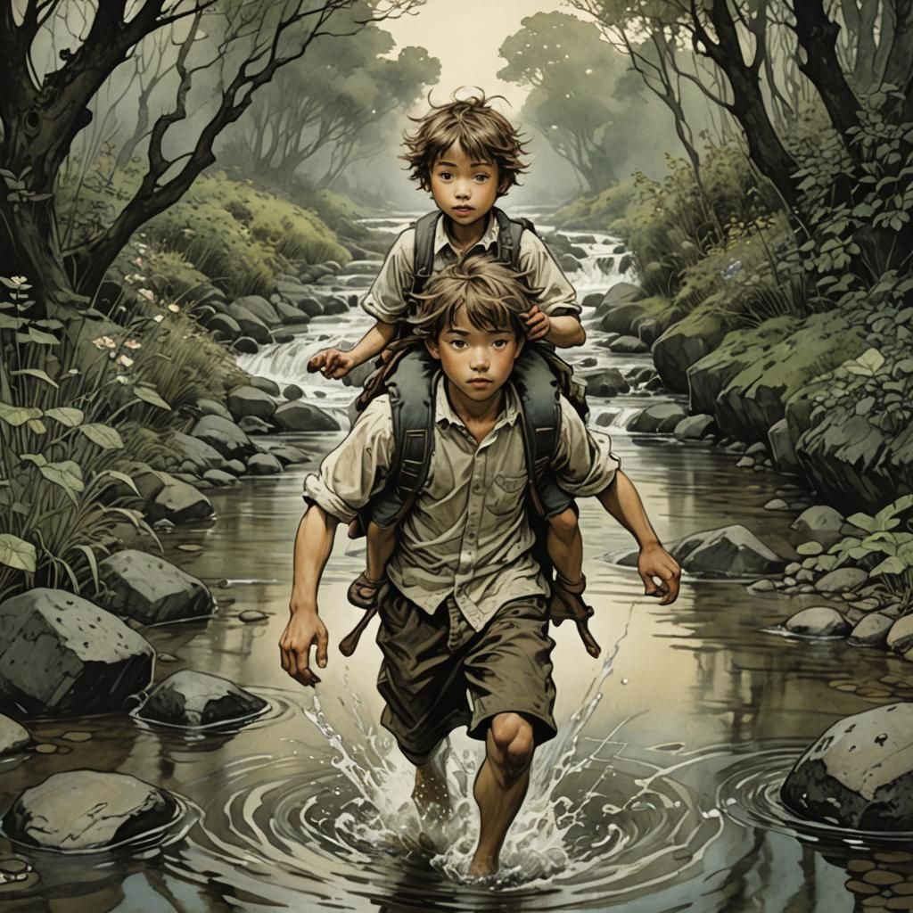 Brother and Sister Crossing Stream Illustration
