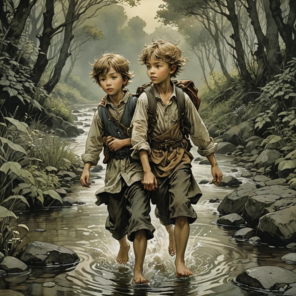 Brother and Sister in Stream, Illustrated Fantasy Art