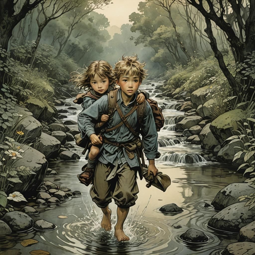 Brother and Sister Crossing Stream, Fantasy Illustration