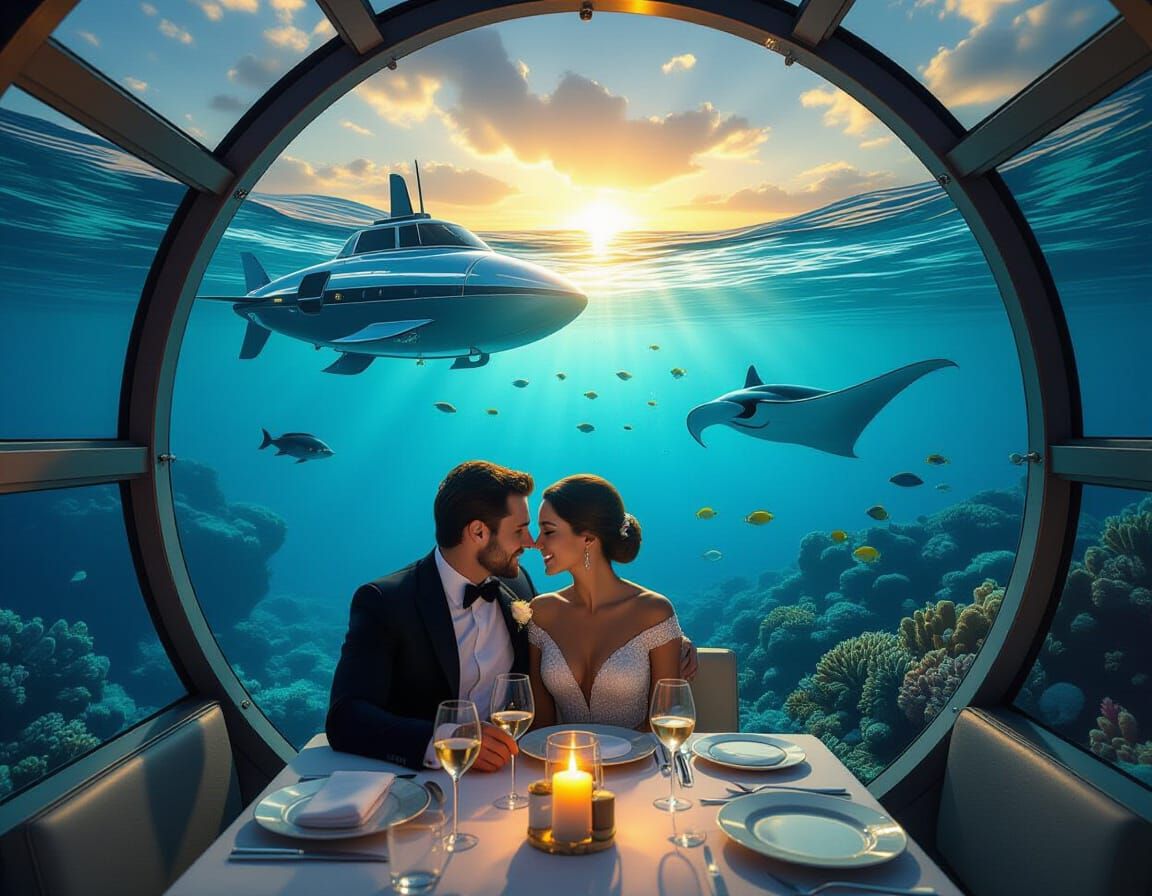 Elegant Couple's Romantic Dinner in Underwater Submarine