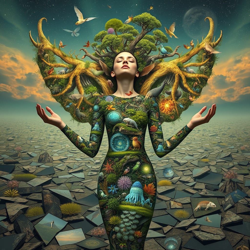 Surreal Bio-Art Collage: Woman as Interconnected Ecosystem