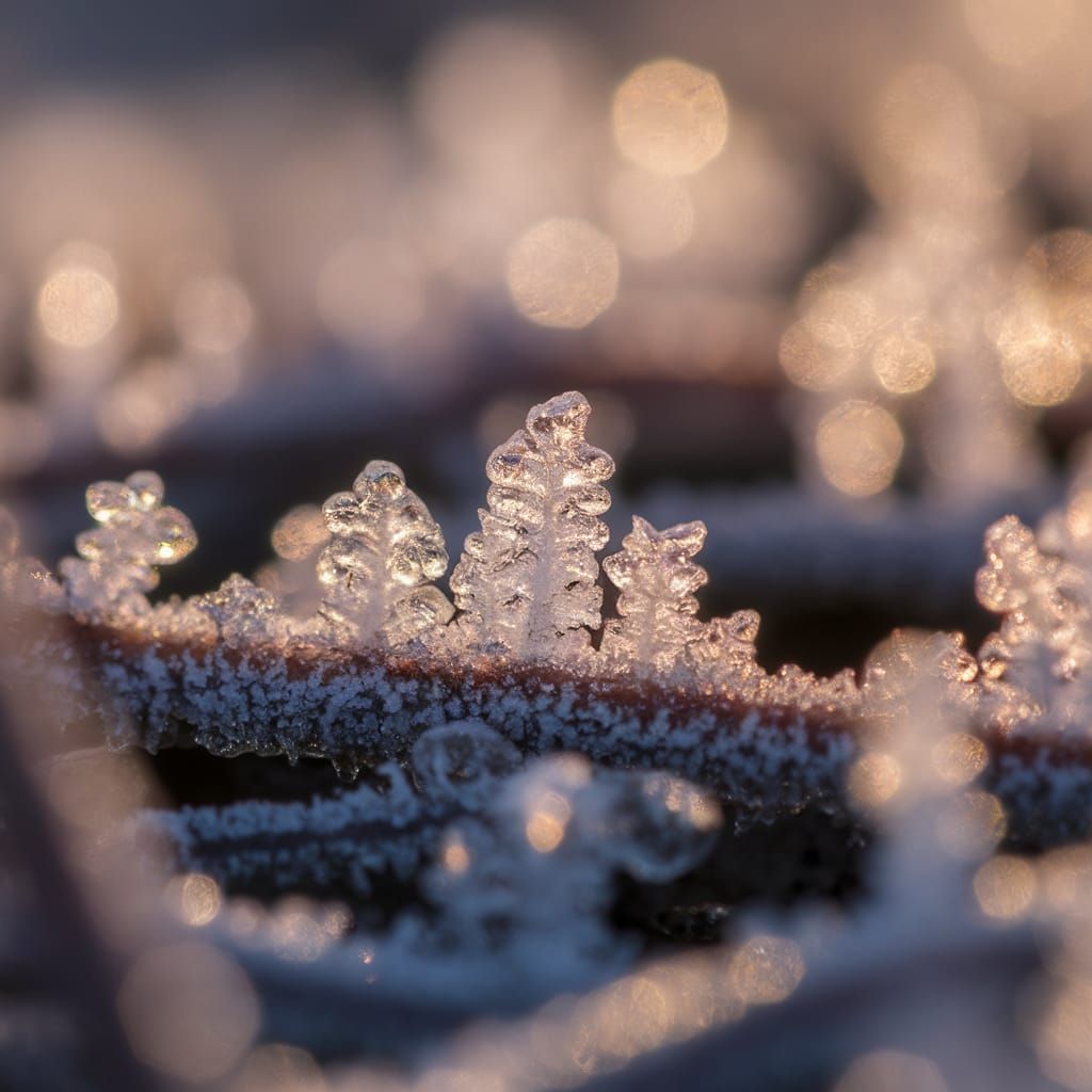 Delicate Ice Crystals Glisten in Golden Light