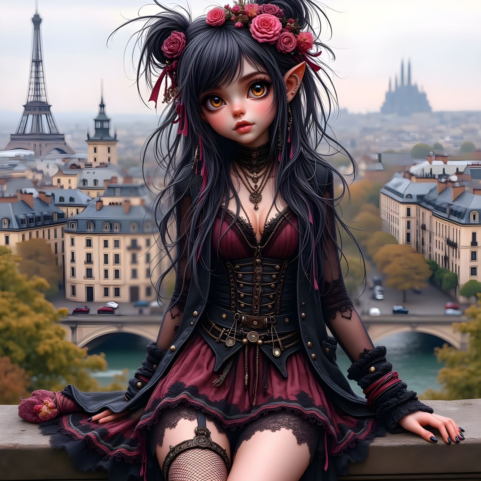 Gothic Bohemian Girl Overlooking Paris in Digital Art