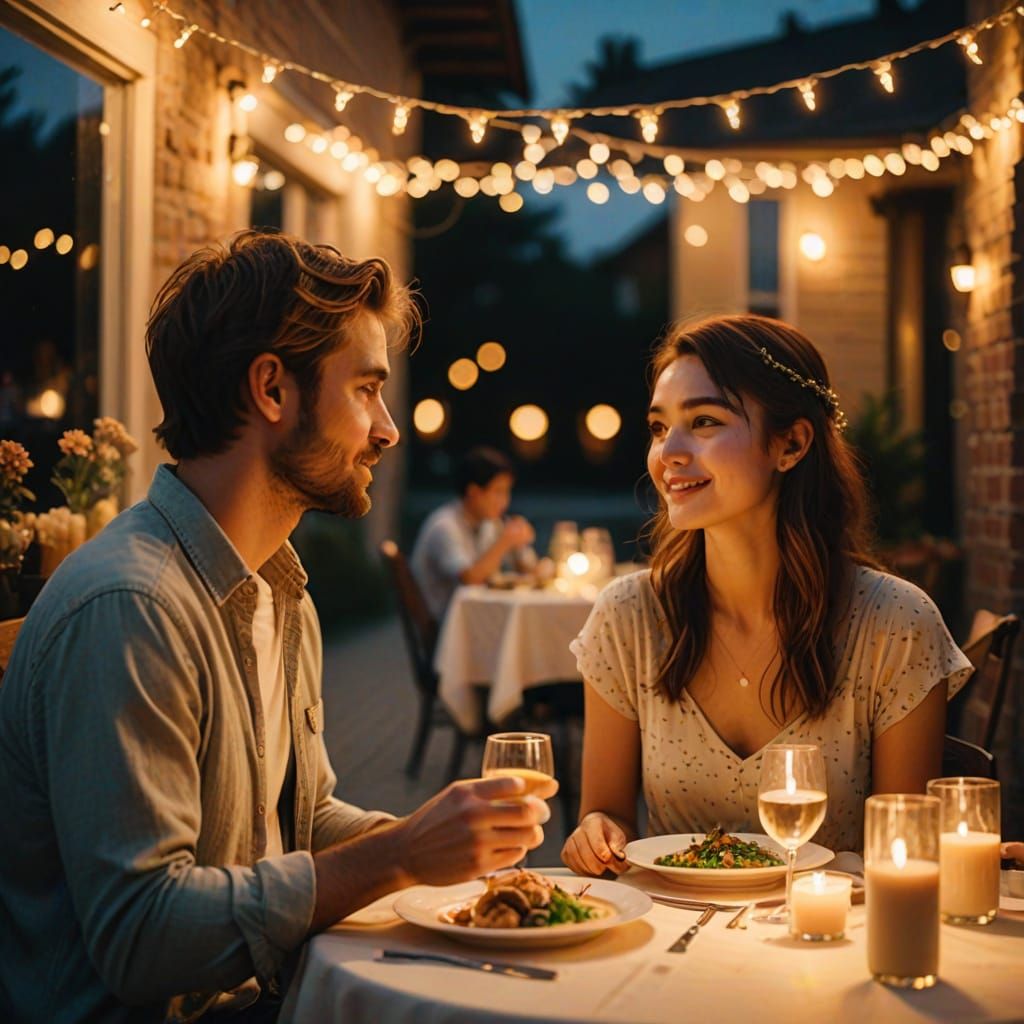 Romantic Dinner in Golden Light: Cinematic Film Still