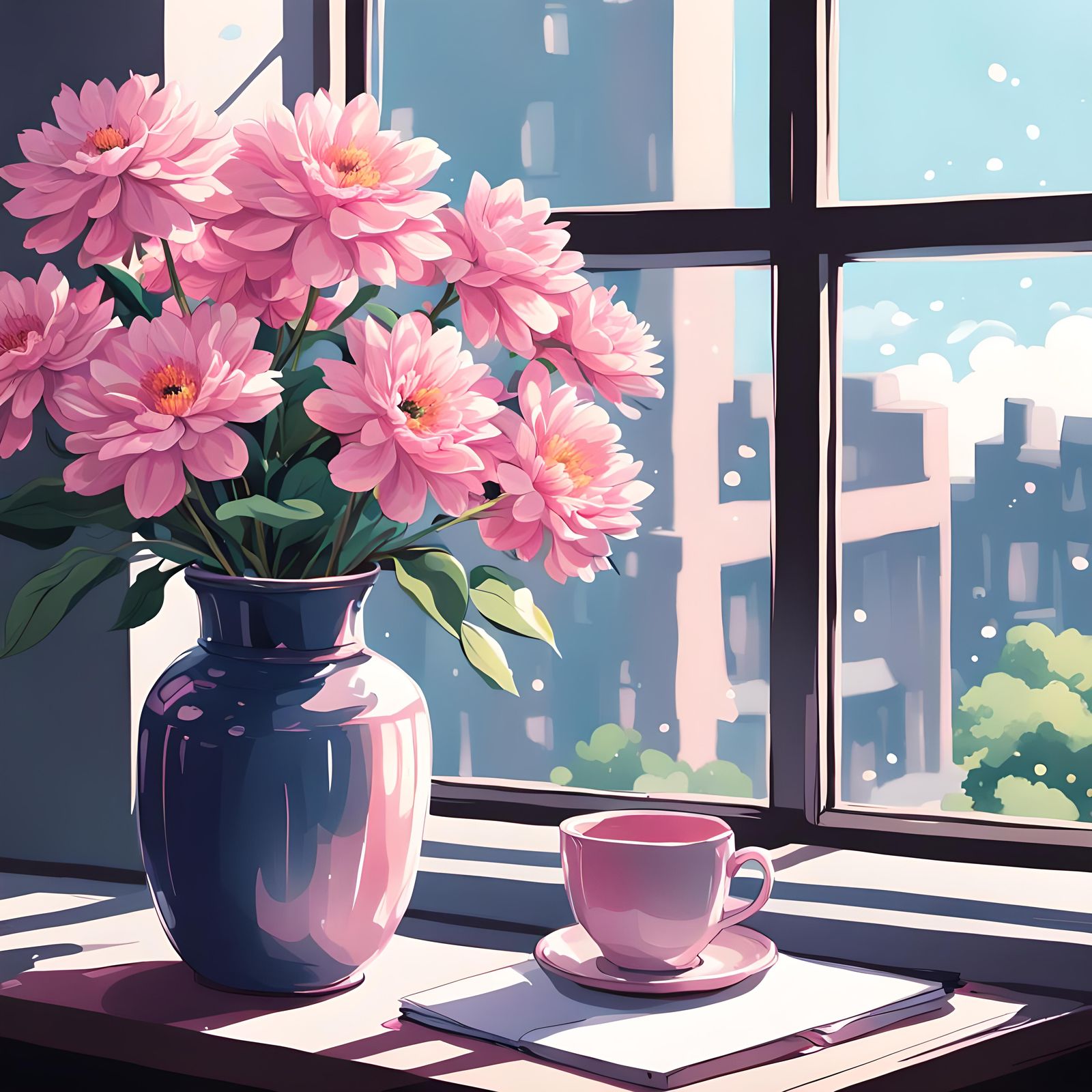 Pink Flowers in Vase: Anime-Style Digital Art