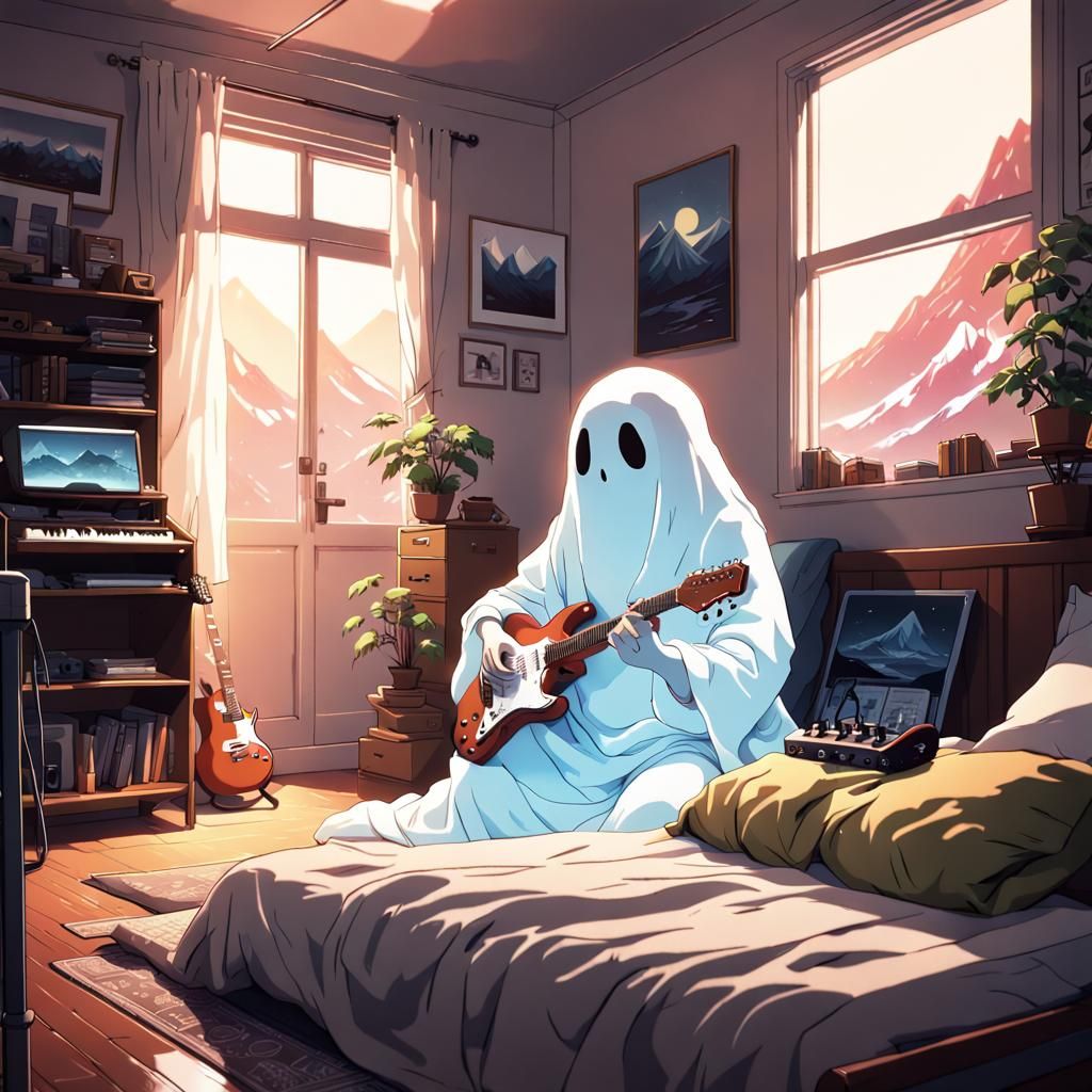Ghost Learns Guitar in Ghibli-esque Bedroom