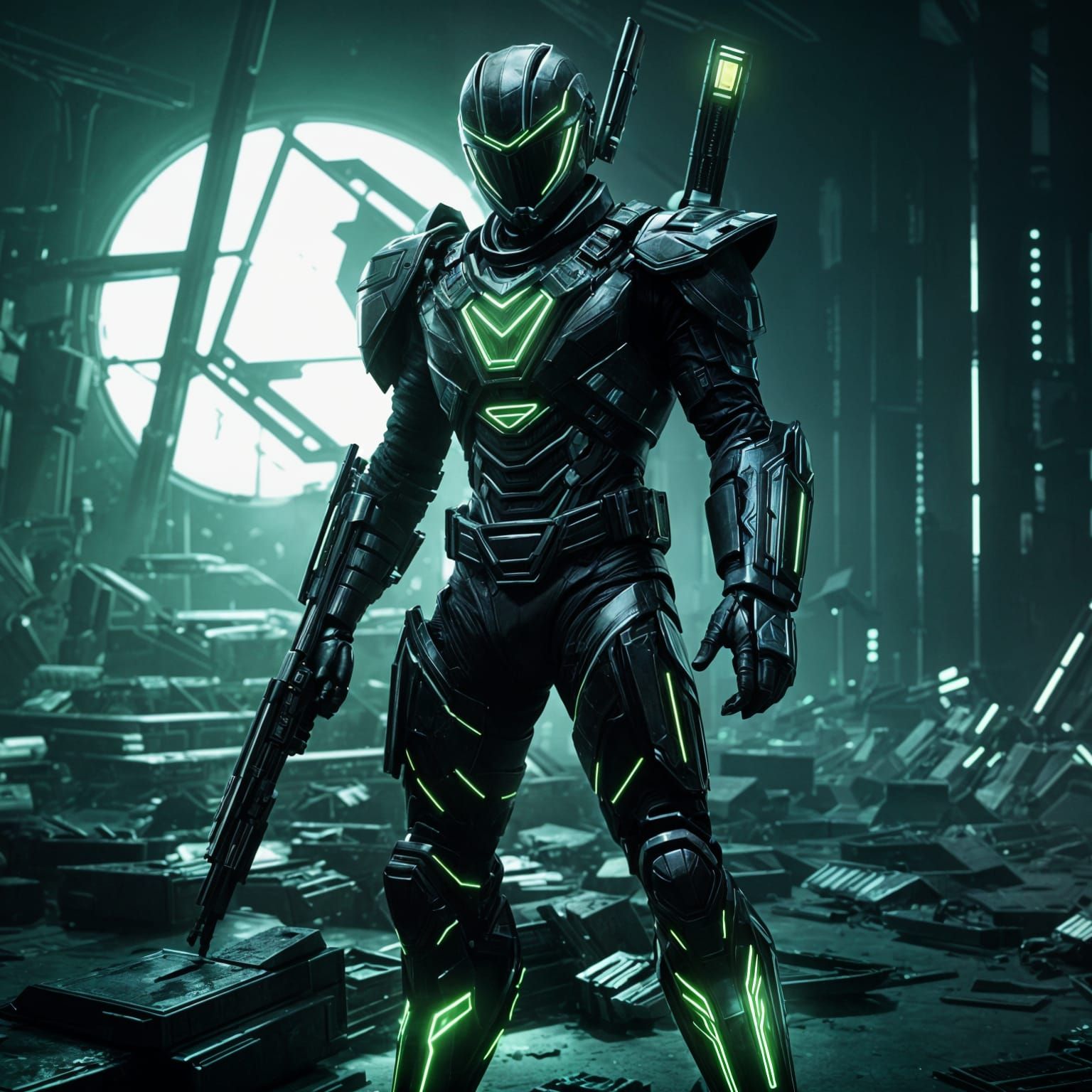 Hyper-Realistic Futuristic Psycho Ranger in Gritty Neon Armo...