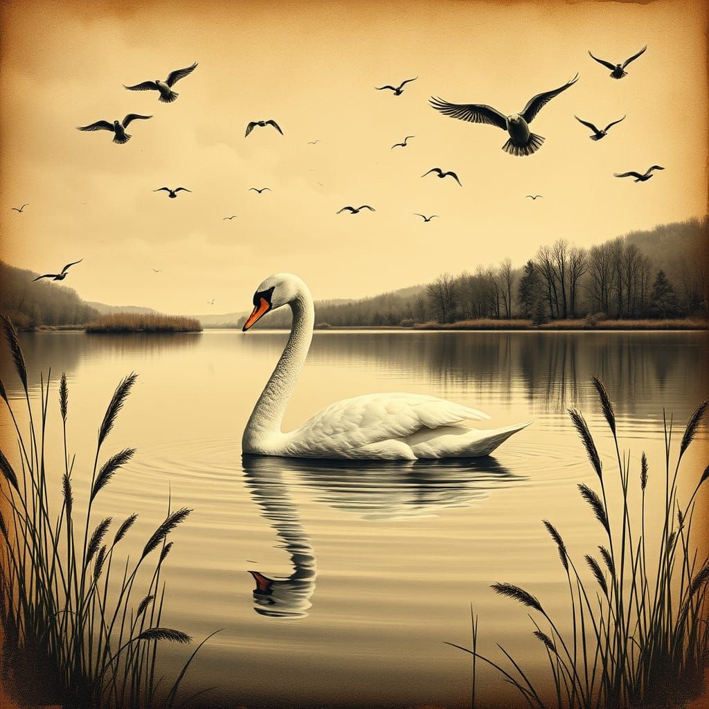 Swan Lake in Sepia Tones: Vintage Wildlife Art