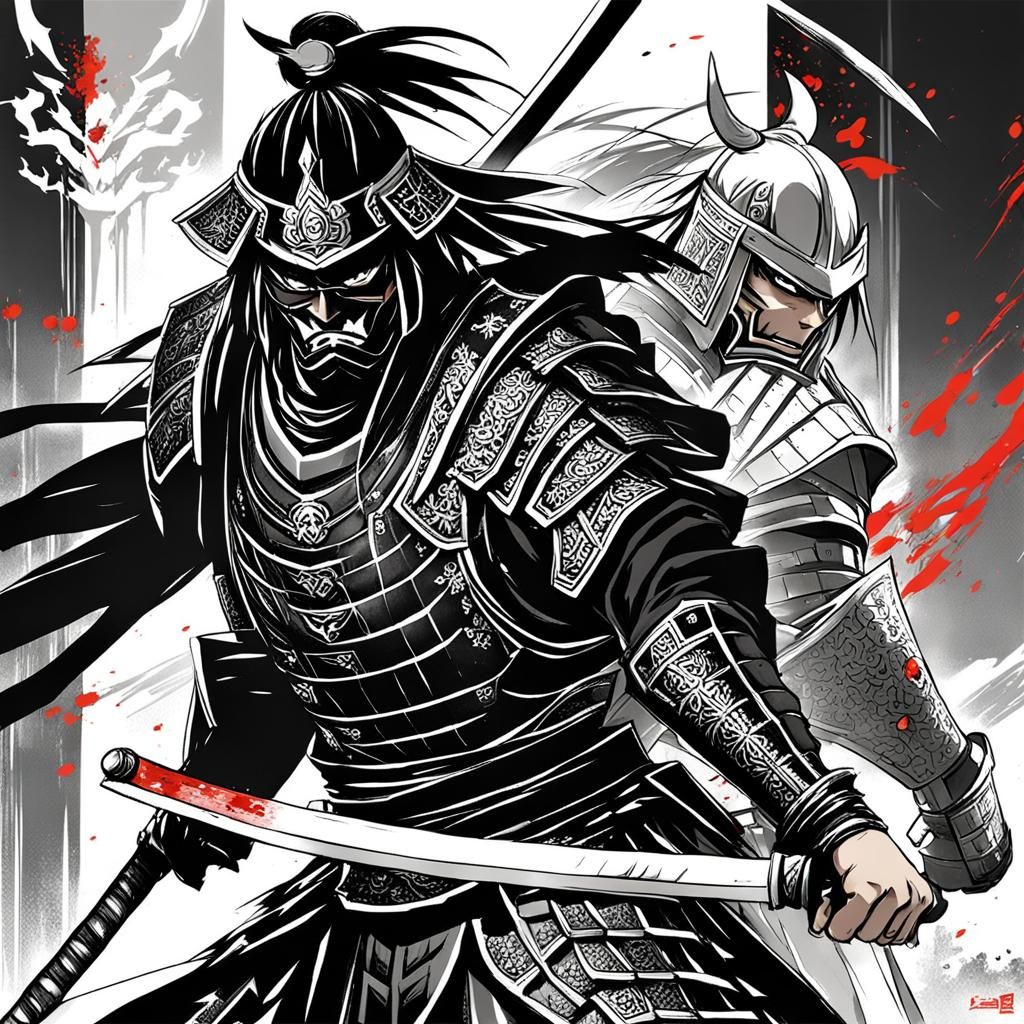 Samurai Battle: Black Armor vs White Armor in Anime Style