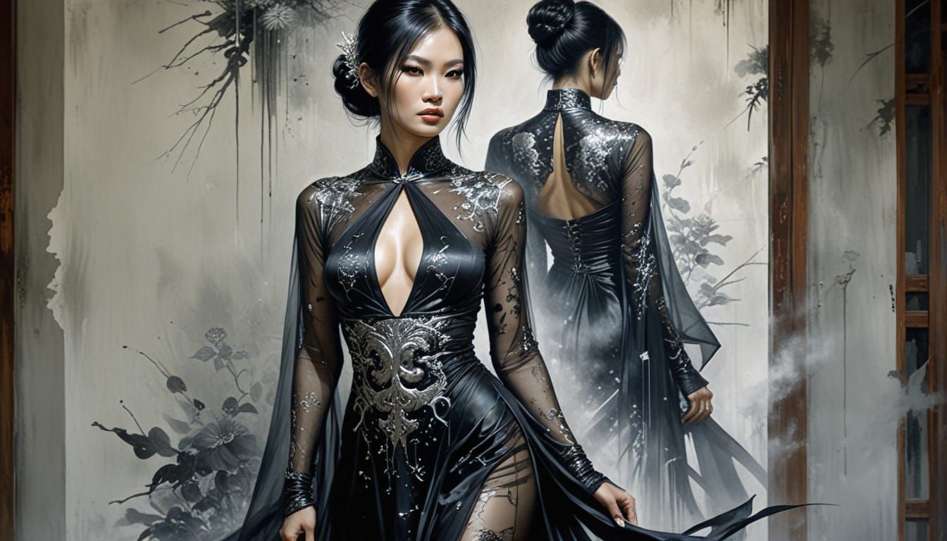 Surreal Portrait of a Vietnamese Woman in a Black Silk Dress