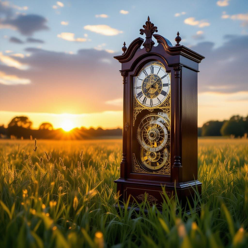Majestic Grandfather Clock in Meadow at Dawn, Fantasy Art St...