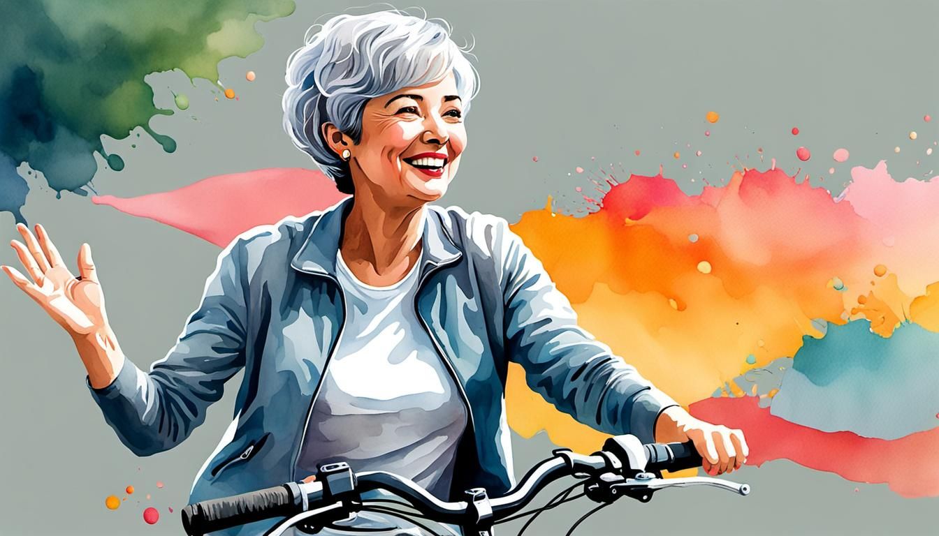 Joyful Woman on Bicycle in Watercolor Pop Art