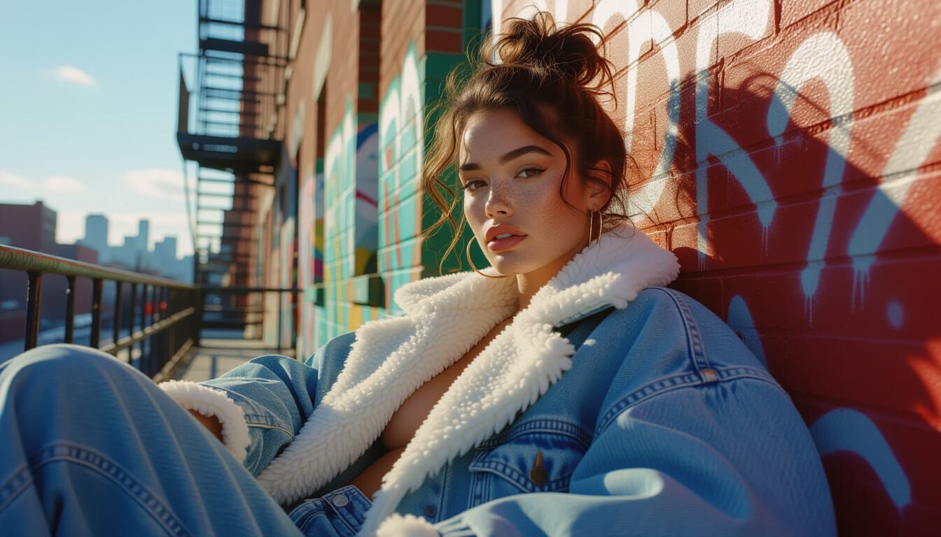 Gritty candid photo of a mixed-race woman, with a freckled complexion and messy topknot, lounging in a oversized denim-o...