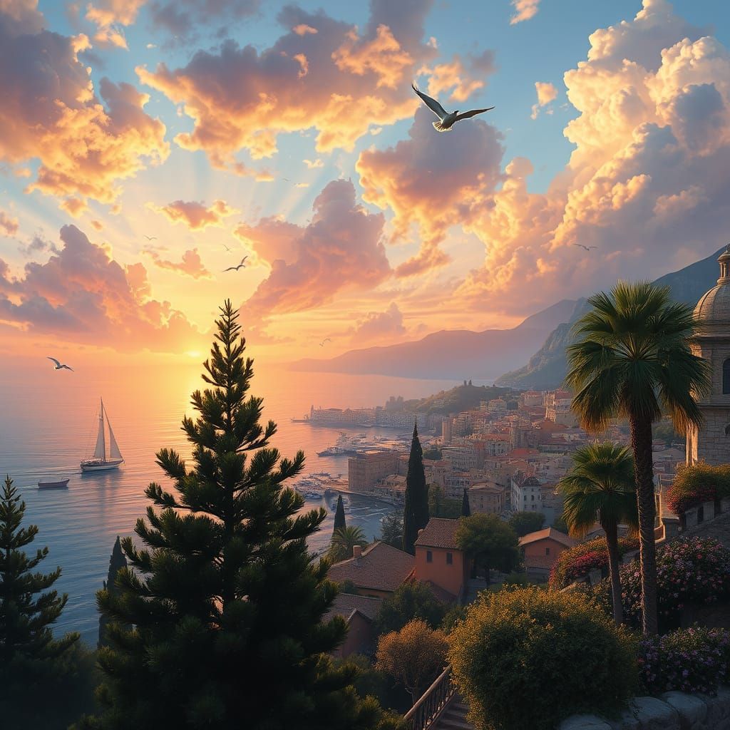 Mediterranean Coastal City Sunset with Sailing Yacht