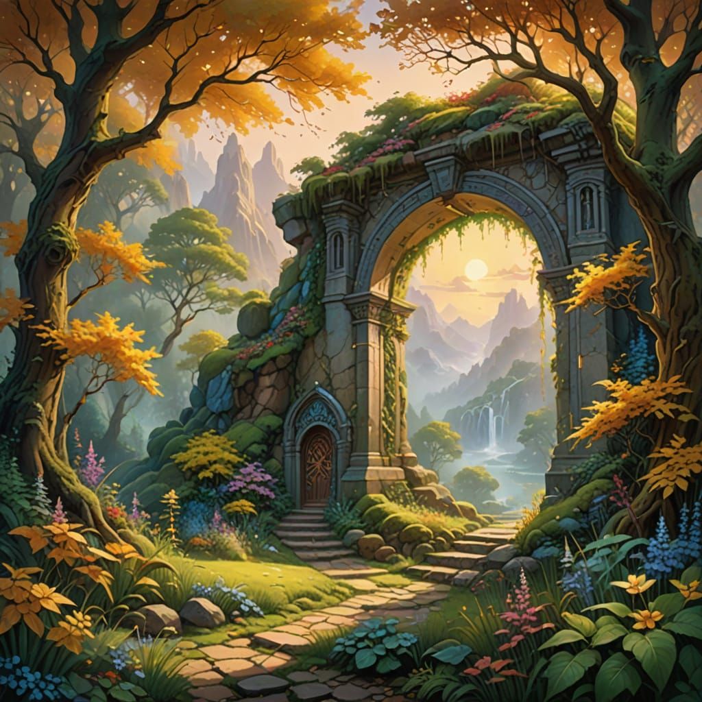 Whimsical Fantasy Portal in Vibrant Gouache Style